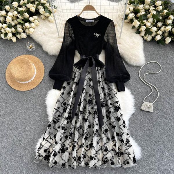 

celebrity goddess style dress temperament high end heavy industry embroidery bubble sleeves mesh splice knitted two piece false dress, Black;gray