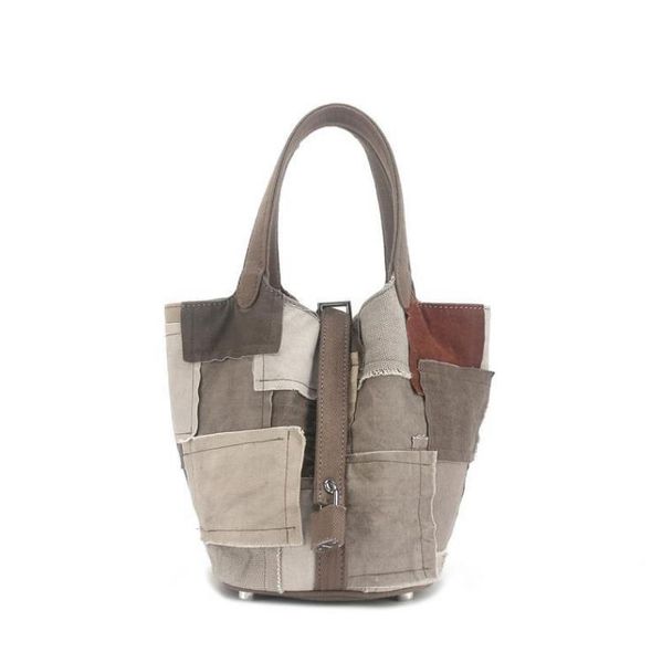 

retro niche design hand-stitched canvas bag large-capacity vegetable basket bucket bag handbag
