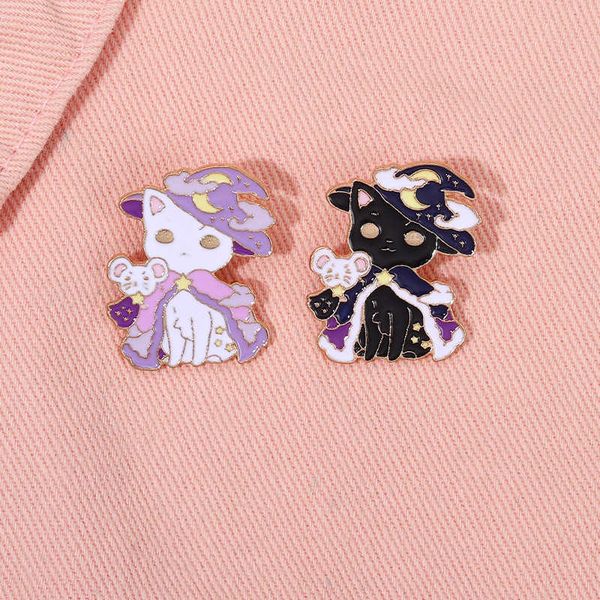 

japanese and korean brooch cute black and white magician cat design personality funny metal badge pin accessories, Gray