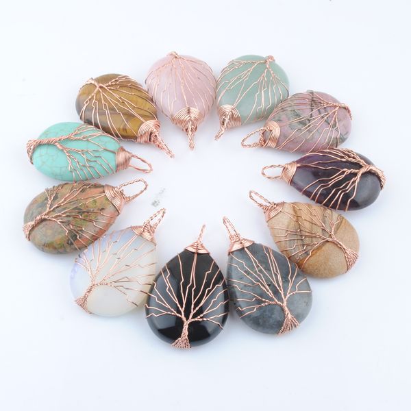 

natural stone pendants rose gold color wire wrap handmade tree of life drop shape obsidian amethysts tiger's eye opal bn444, Silver