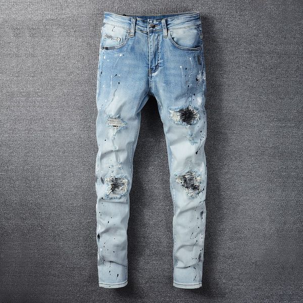 

men's jeans micro stretch cotton light blue paint splatter ripped patch jeans frayed design