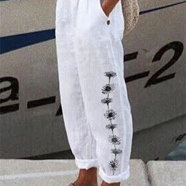 

women's pants capris spring summer women pants cotton linen vintage retro floral casual streetwear loose trousers female 220916, Black;white