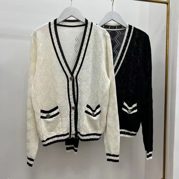 

women's knits & tees designer xiaoxiangfeng spring new cardigan jacket design sense broken hole hollowed out blog v-neck knitted jacket, White;black