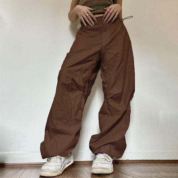 

women's pants capris baggy cargo parachute pants y2k jogger trousers brown wide leg retro old school hip hop adjustable button for ladi, Black;white
