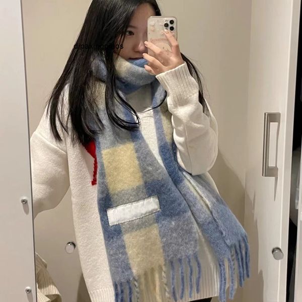 

designer scarf acne sweden studios 2022 autumn and winter new cashmere imitation ac scarf for female students rainbow plaid medium length ve, Blue;gray