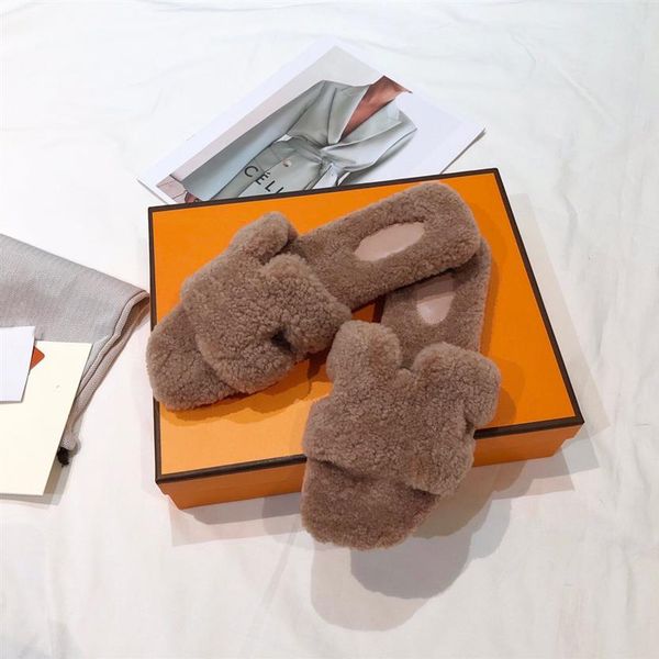 

women slippers woolskin sheepskin slides designers winter plush fur slide classic open toe casual sandals rubber sole flat slipper280v, Black