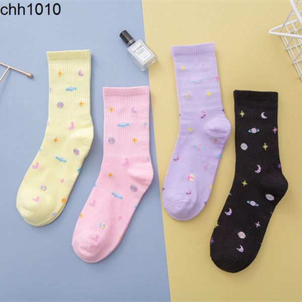

men's socks ins tide cute sweet cream powder universe starry sky medium tube female stockings stars girl soft girl student cotton socks, Black