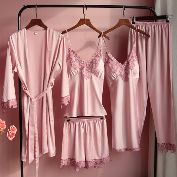 

pyjamas pajamas sets satin lace women with chest pads nighty robe gown sleep suit summer bride wedding sleepwear home wear pyjamas 220916, Red;black