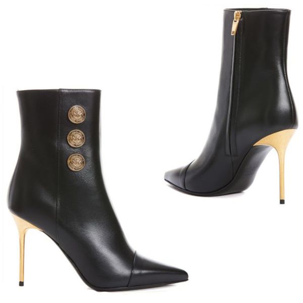 

fashion stiletto ankle boots for womens fish mouth shoe metal round buttons luxury designer roman boots 100% cowskin cashmere shoes 10.5cm h, Black