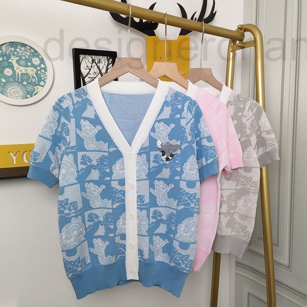 

women's knits & tees designer 2022 summer new chest sequin fawn v-neck short sleeve jacquard thin sweater cardigan women's wear zs, White