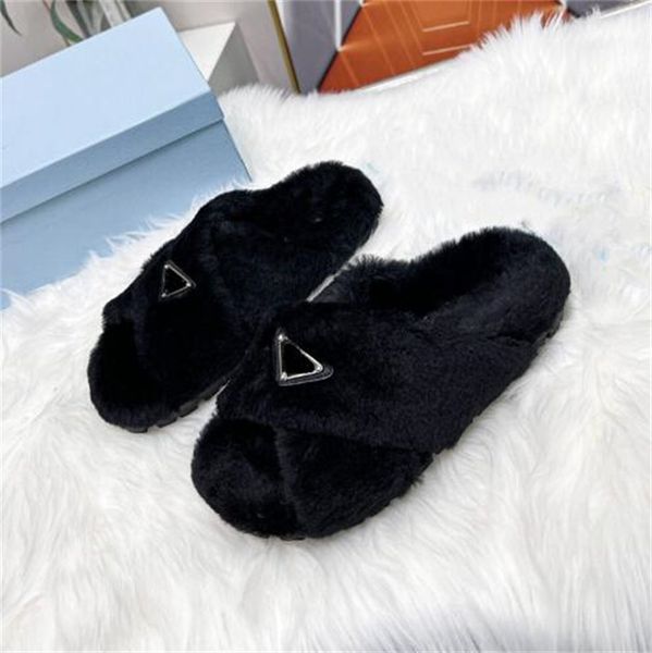 

luxury wool sandals slides designer slippers soft warm fur enameled triangle crossover fashion women shoes black white shoe bag lady sandal