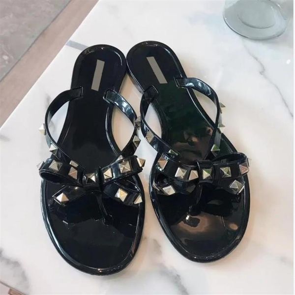 

fashion woman slippers rivets jelly sandals designer slides bowtie for girls flip flops letters printed brand slipper 35-412648, Black