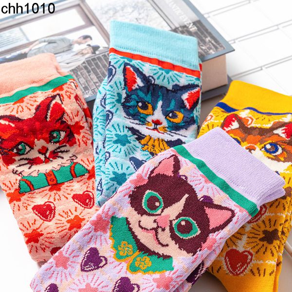 

men's socks chaopai lolita cat illustration design cute cartoon men and women sports creative girls' medium cotton, Black