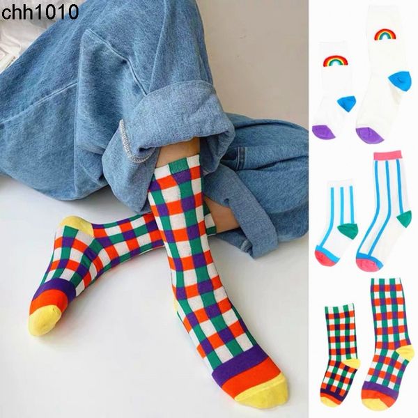 

men's autumn and winter children ins wind tube socks stripe rainbow square simple college style lovely versatile cotton, Black