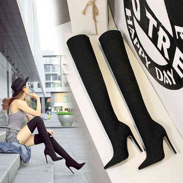 

125-2 sandals style fashion super high heel thin pointed sequin cloth shiny nightclub knee boots, Black