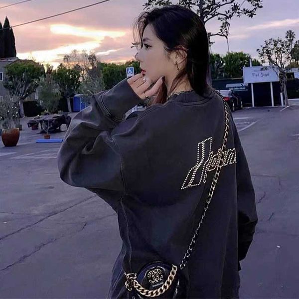 

designer fashion hoodie we11done loose rubber seal sign drill nail pearl letters long sleeve round neck sweater for men and women, Black