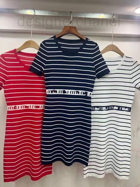 

casual dresses designer 2022 summer new letter jacquard stripe color matching aging navy style ice silk knitted short sleeved dress 9bng, Black;gray