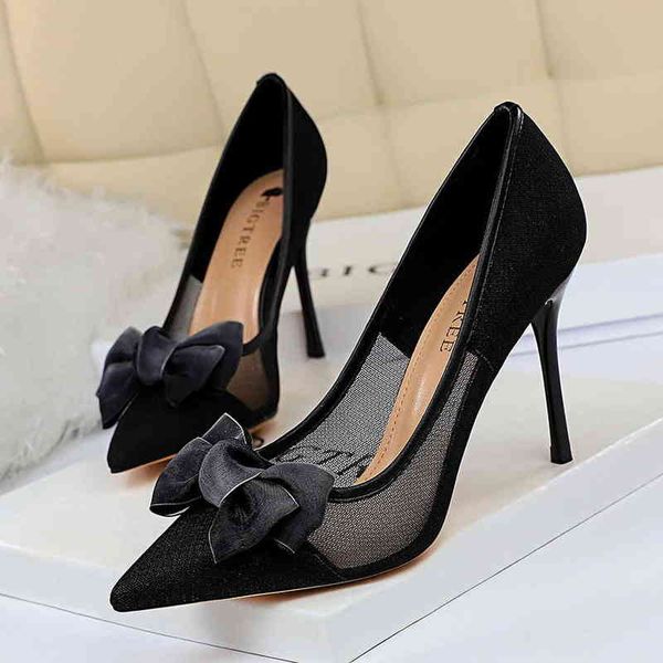 

1853-3 sandals nightclub slim mesh hollow out women's shoes thin heel high shallow mouth pointed bow single, Black