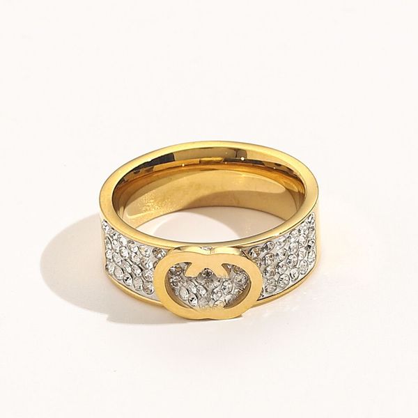 

new style designer brand double letters ring gold stainless steel letter band rings crystal rhinestone fashion women men wedding jewelry par, Silver