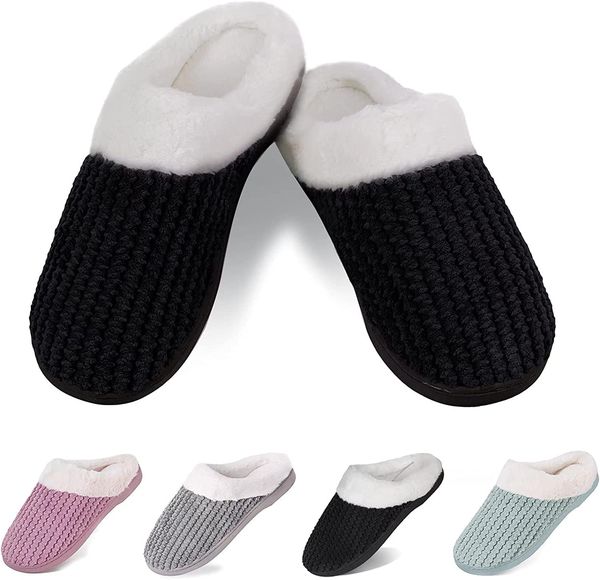 

winter knit slippers women's warm memory foam non-slip home shoes black