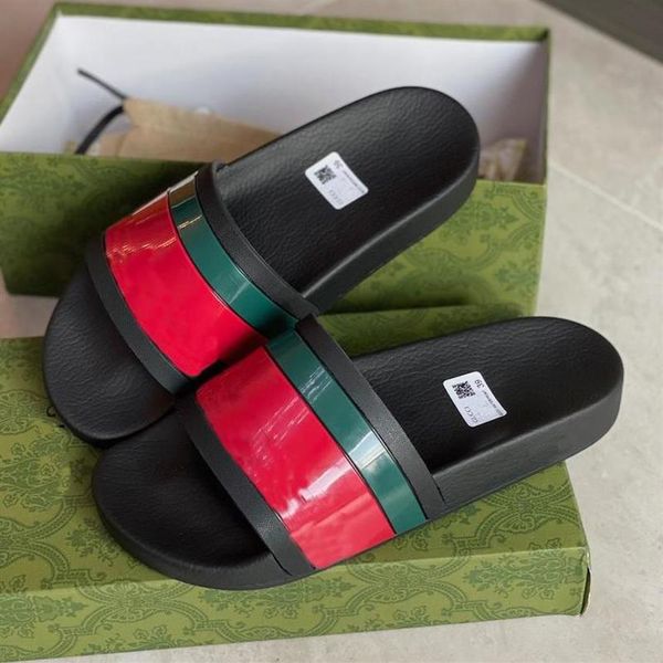 

new men rubber slides sandals floral brocade women slipper flat bottoms flip flops womens striped beach slippers with box211t, Black