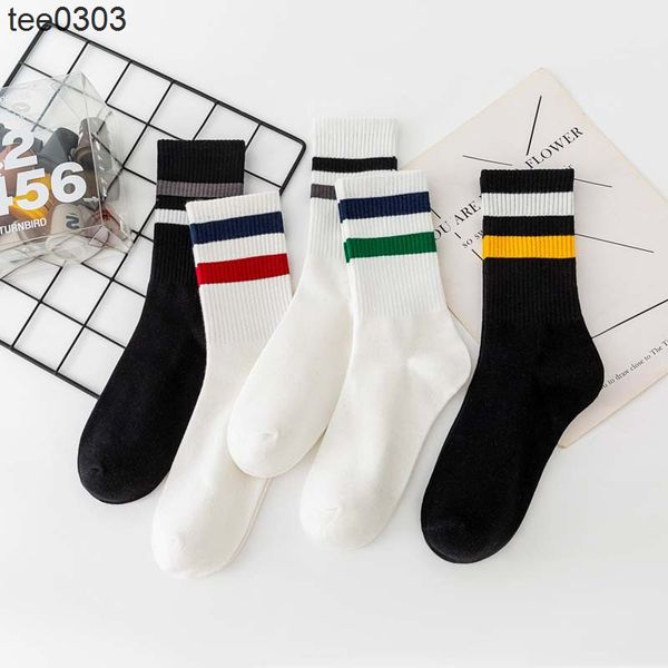 

men's socks spring and autumn fashion brand simple versatile red blue yellow stripe middle tube ins sports college style cotton fashion, Black