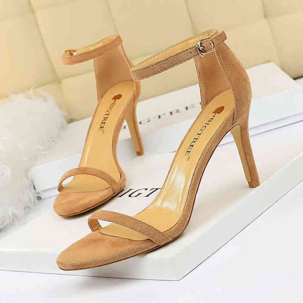 

126-a9 sandals fashion simple stiletto high heel suede open toe word belt nightclub high heels women's sandals, Black