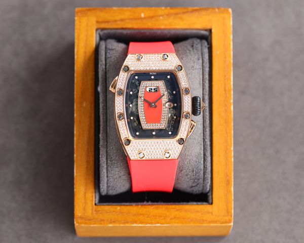 

women's watch fashion style wine barrel inlaid diamond dial automatic mechanical rubber strap bow buckle ricro, Slivery;golden