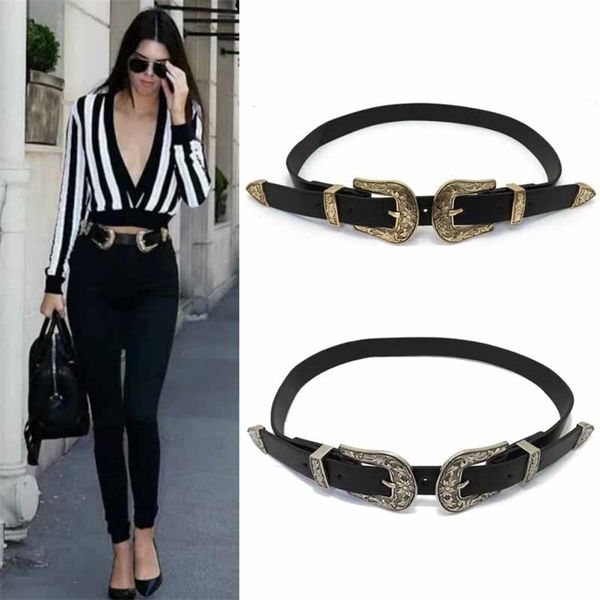 

belts fashion vintage carved design alloy metal leather belts for women double buckle waist belt waistband female 220916, Black;brown