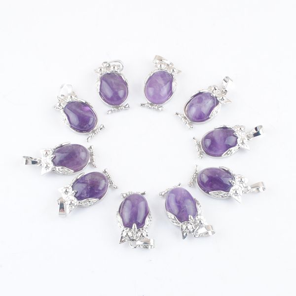 

pretty natural amethyst gemstone tiny owl pendants charm reiki lucky animal shaped women man fashion jewelry dn4661, Silver