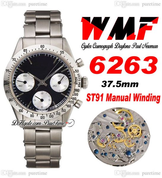 

paul newman st91 manual winding chronograph mens watch 6263 wmf 1967 rare vintage black dial silver subdial oystersteel bracelet super editi, Slivery;brown