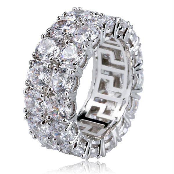 

hip hop iced out copper gold silver color plated micro pave cz stone 2 row round ring men women charm jewelry293p