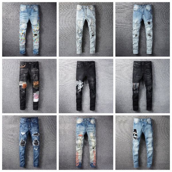 

mens designer jeans distressed skinny jean trouser slim elastic denim biker pant, Blue