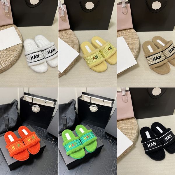 

paris letter embroidery fur slippers indoor lamb wool sandal fluffy plush flat bottom warm luxury designer casual ladies sandals flip flops, Black