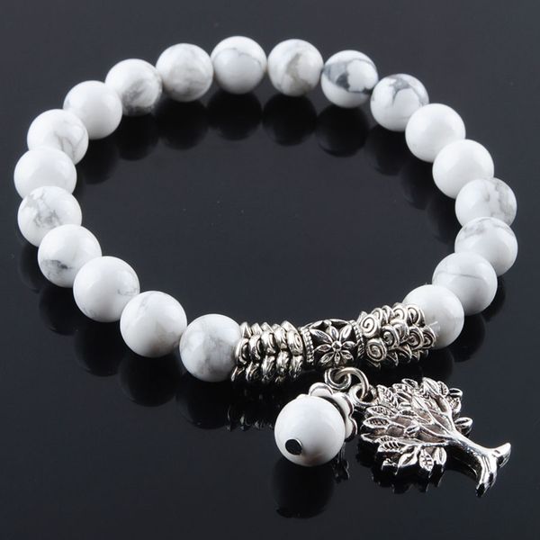 

white turquoises semi-precious stones beaded bracelet 8mm beads tree of life charms jewelry k3220, Black