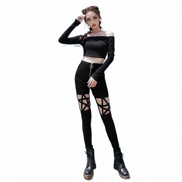 

women's pants & capris gothic hollow out pentagram black leggings women pencil slim thin high waist zipper plain cool d2id#, Black;white