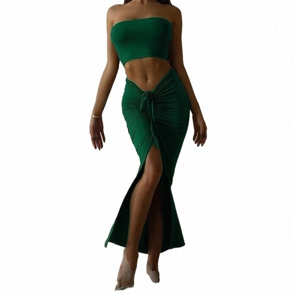 

work dresses y2k 2022 green maxi skirt two-piece suit tube and split skirts sets for women party knit bodycon dress t171#, White;black