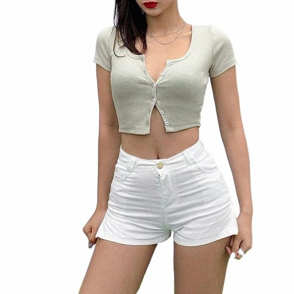 

women's t-shirt women spring summer v neck short sleeve casual crop shirt solid button tee mujer 2022 q2nj#, White