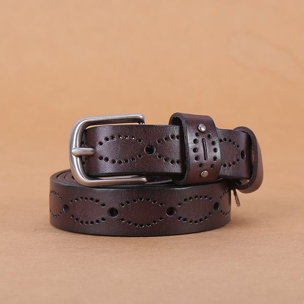 

fashion versatile ladies belt retro hollow alloy pin buckle thin belt layer leather famous style, Black;brown
