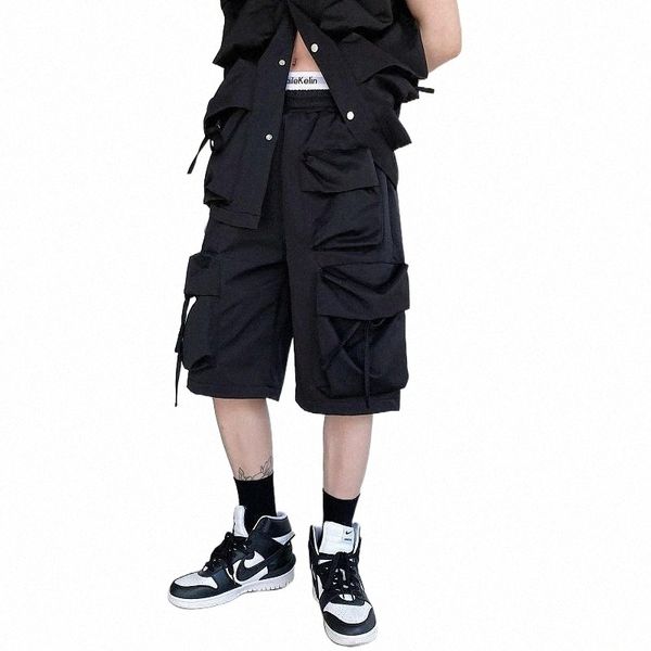 

men's shorts summer black cargo pants men fashion casual pocket mens japanese streetwear loose hip-hop straight five-point menmen', White;black