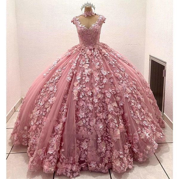 

2022 pink quinceanera dresses ball gown high neck cap sleeves illusion lace appliques 3d floral flowers sweet 16 vestido de 15 anos quincean, Blue;red