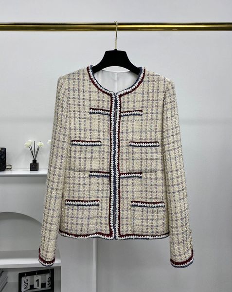 

2022 autumn women's jacket new tweed color contrast coat fashionable versatile temperament elegant senior sense white round neck blende, Black;brown