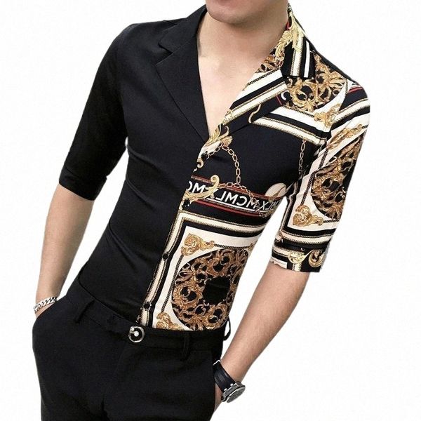 

luxury gold printed shirts men casual slim fit shirt half sleeve camisa designers social club party shirts camiseta masculina1 t8fa#, White;black