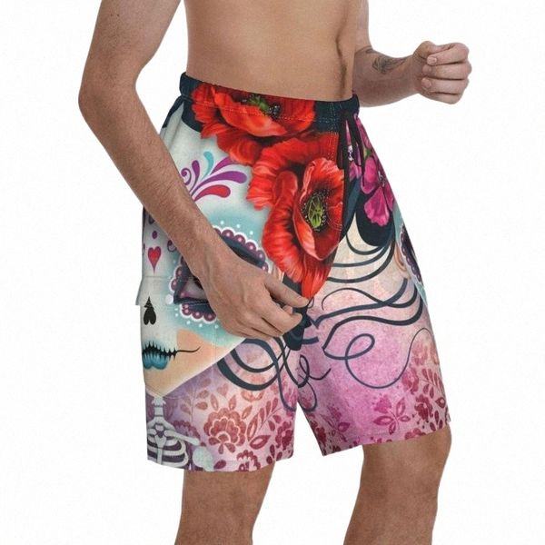 

men's shorts amelia calavera-sugar skull beach men pants swim trunks autumn november bohemian bones calavera day ofmen's v6to#, White;black