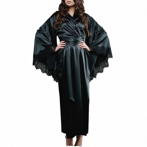 

women lace satin kimono long robe bathrobe lingerie sleepwear belt pajamas solid silk robes for women satin sleepwear w3yj#, Black;red