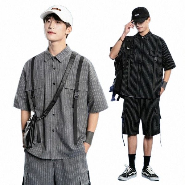 

men's tracksuits 2022 men casual shorts sets summer short sleeve striped t-shirt knee length straight pants cotton leisure s2u8#, Gray