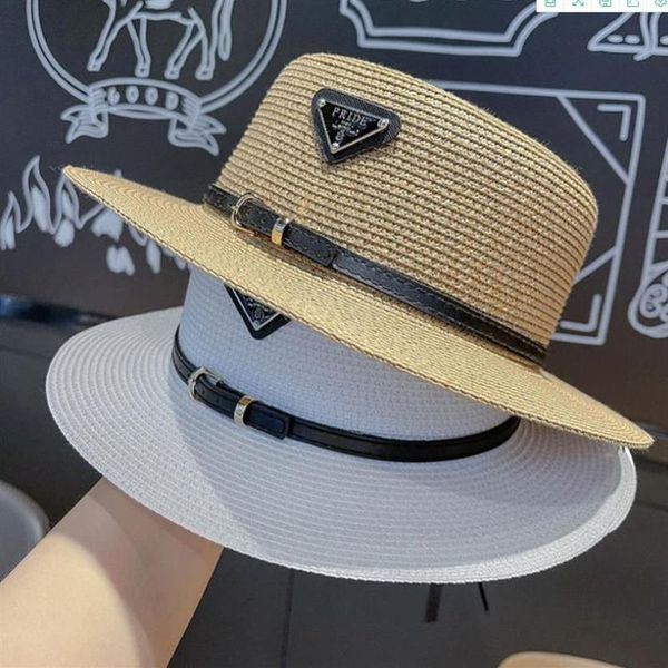 

wide brim hats women men panama designer straw hat flat beach retro sunscreen sunshade cap visors254e, Blue;gray