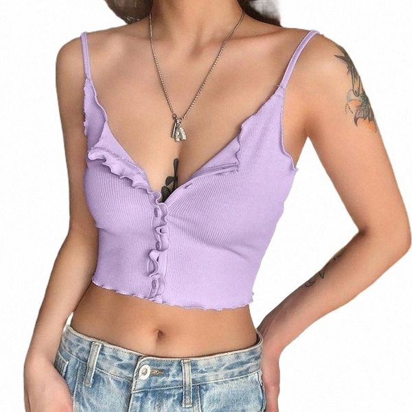 

women's tanks & camis summer holiday women sleeveless ruffles single-breasted button down v neck solid color camisole crop tee o42l#, White