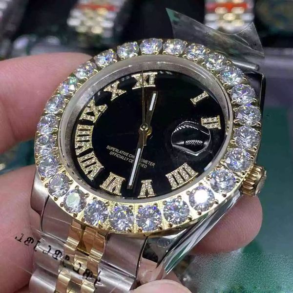 

men's big diamond bezel watches for sale automatic mechanical movement sapphire glass stainless steel strap, Slivery;brown