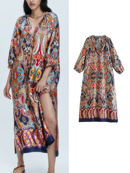 

casual dresses traf elegant women printed autumn loose vintage deep v neck female single breasted mid calf soft vestidos 220916, Black;gray